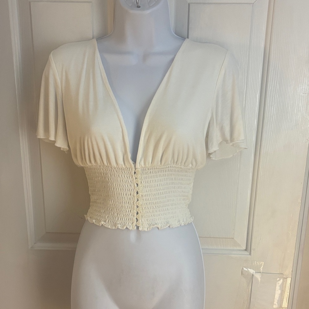 Forever 21 Cream Smocked Crop Top